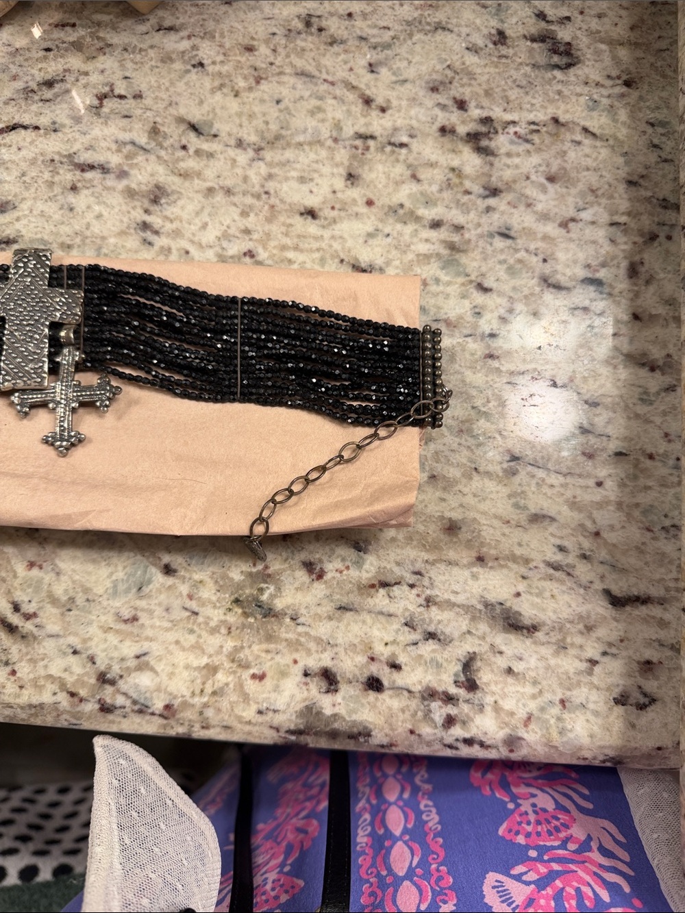 Multi-Strand Black stones with sterling silver Cross Charms - Picture 2 of 7